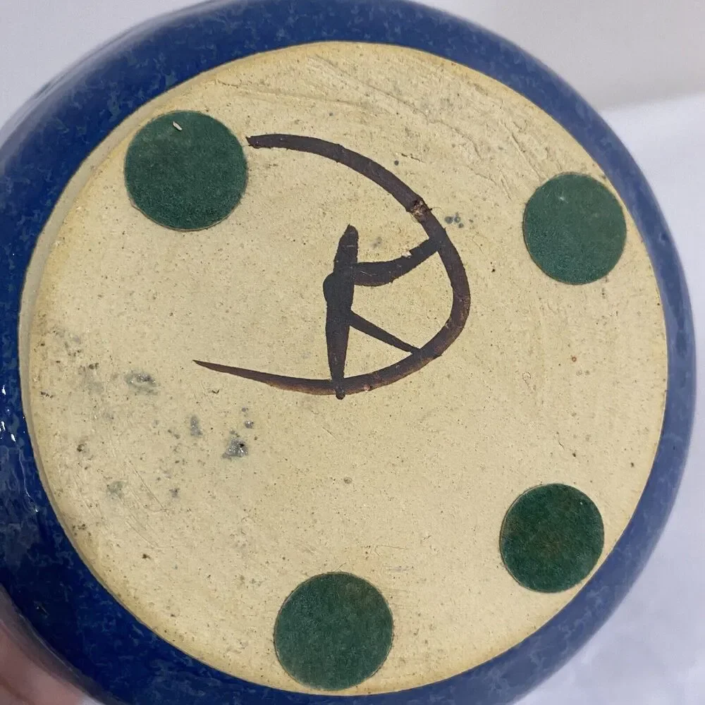Studio pottery flower pot vase planter deep blue ovoid organic cottage farmhouse